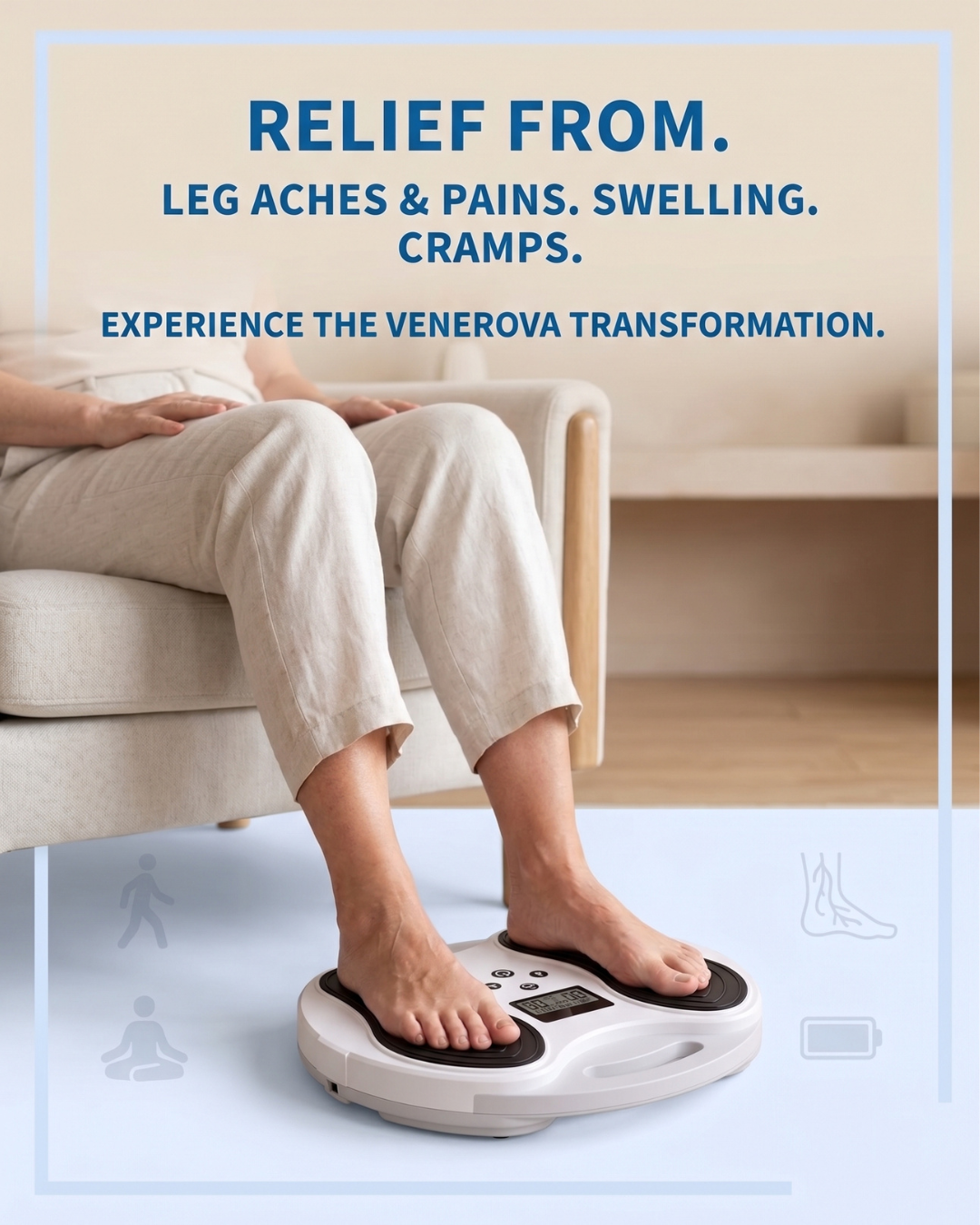 A woman using the VENEROVA Circulate device while relaxing on her sofa