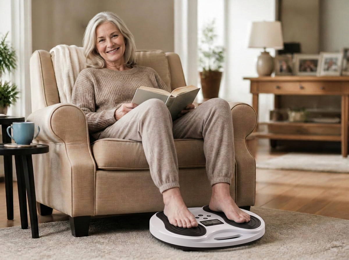 A woman relaxing in an armchair with her feet resting on a VENEROVA Circulate device